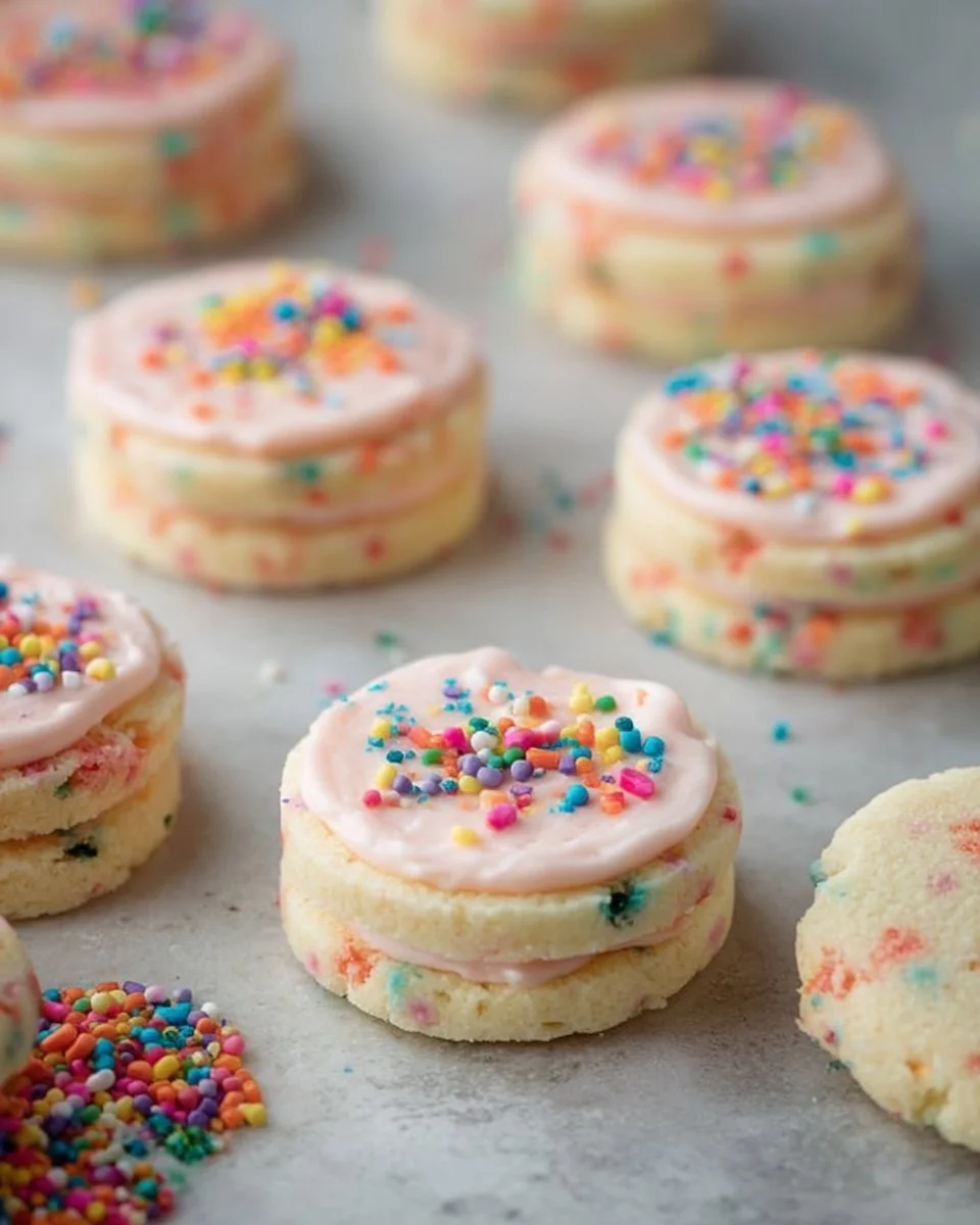 Funfetti shortbread sandwich cookies with colorful frosting and sprinkles
