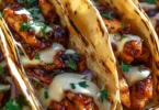 Garlic Butter Honey BBQ Chicken Tacos garnished and ready to serve