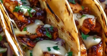 Garlic Butter Honey BBQ Chicken Tacos garnished and ready to serve