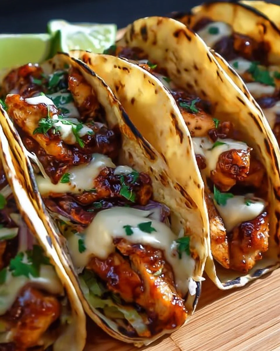 Garlic Butter Honey BBQ Chicken Tacos garnished and ready to serve