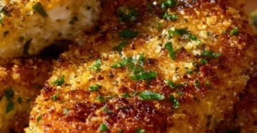 Garlic Parmesan Crusted Chicken Breasts on a plate garnished with herbs.