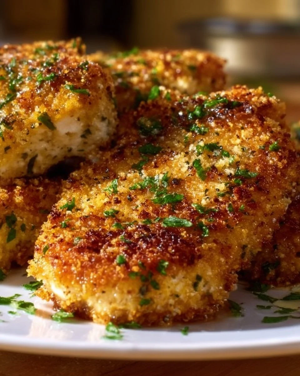 Garlic Parmesan Crusted Chicken Breasts on a plate garnished with herbs.