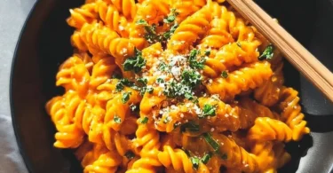 Delicious Gochujang Pasta garnished with fresh herbs