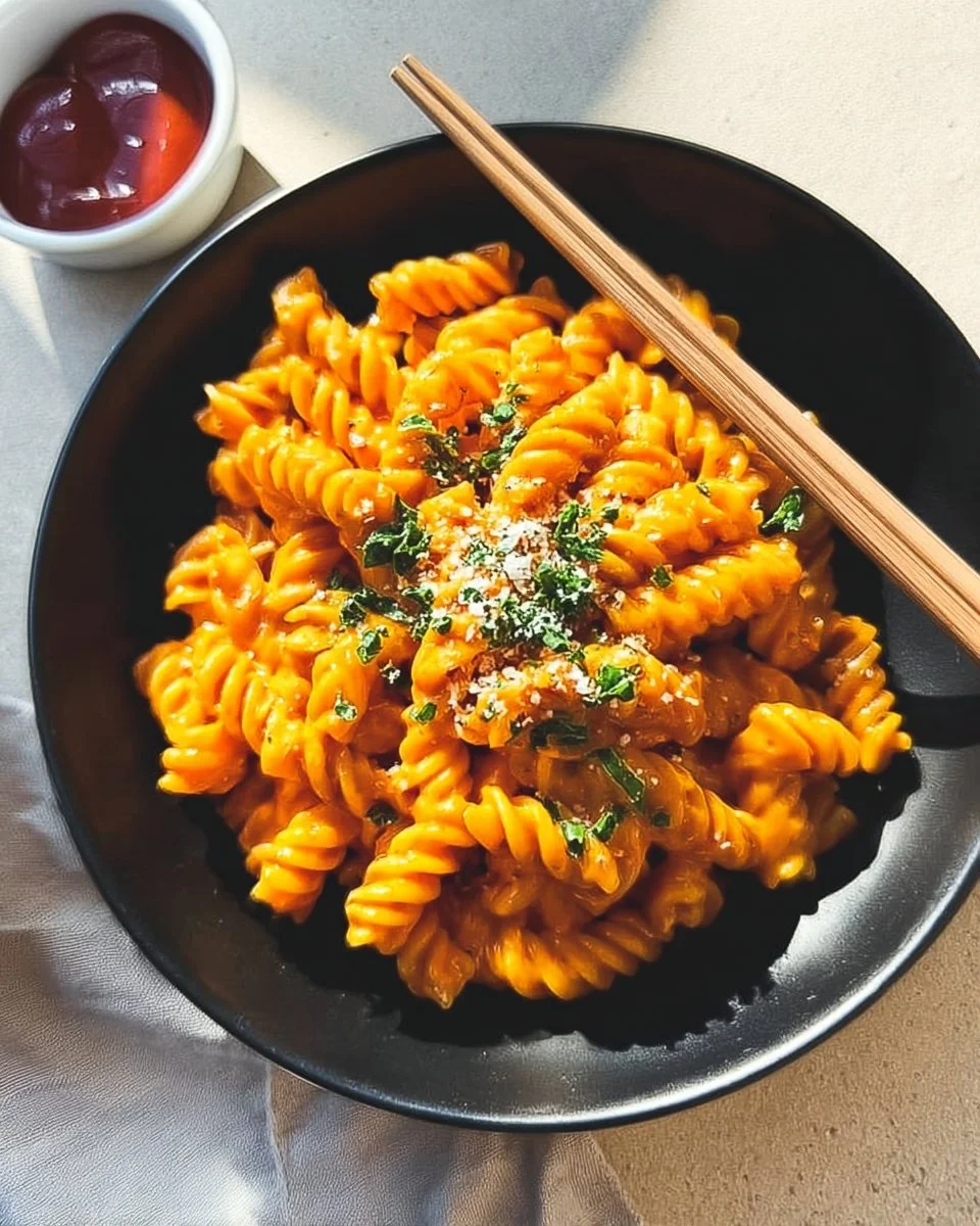 Delicious Gochujang Pasta garnished with fresh herbs