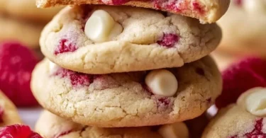 Gooey raspberry white chocolate cookies with fresh raspberries and melted chocolate
