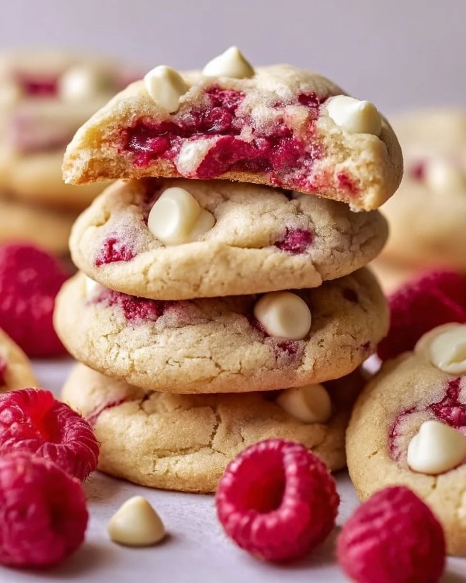 Gooey raspberry white chocolate cookies with fresh raspberries and melted chocolate