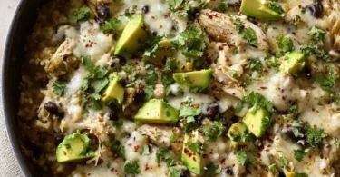 Green Sauce Chicken & Rice Skillet dish garnished with fresh herbs.