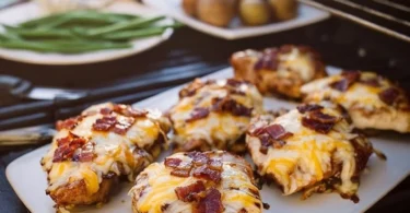 Juicy grilled Monterey Chicken garnished with fresh herbs and served with veggies.