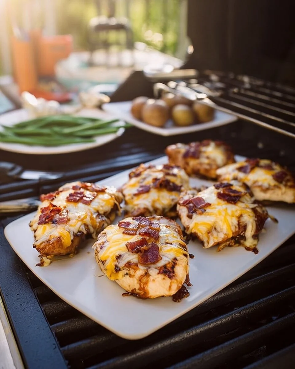 Juicy grilled Monterey Chicken garnished with fresh herbs and served with veggies.