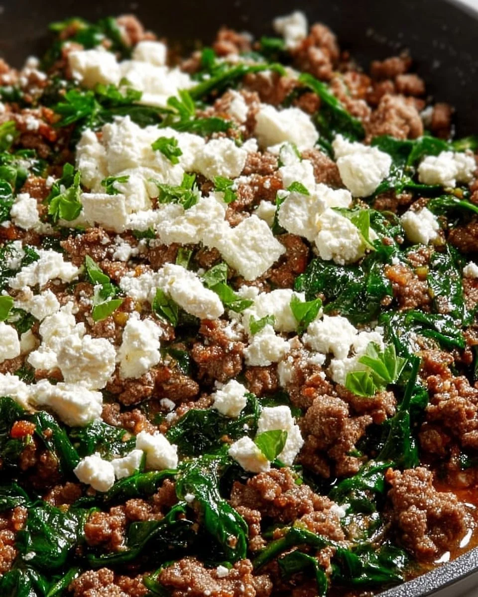 Ground beef and spinach skillet topped with feta cheese in a pan