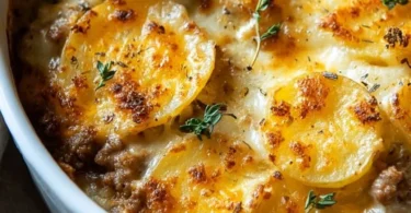 Delicious ground pork and potato casserole served in a baking dish