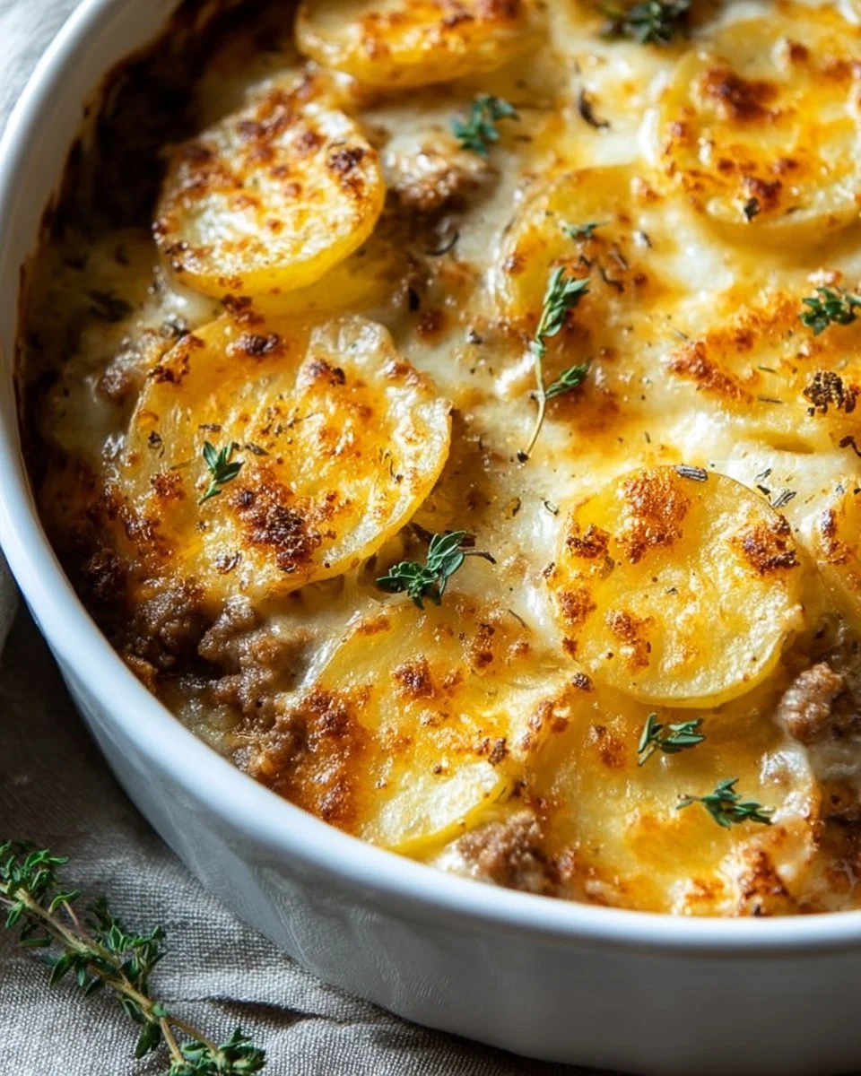 Delicious ground pork and potato casserole served in a baking dish