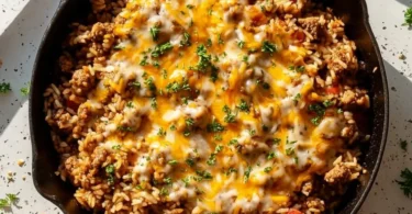 Ground sausage and rice skillet served in a pan with vegetables