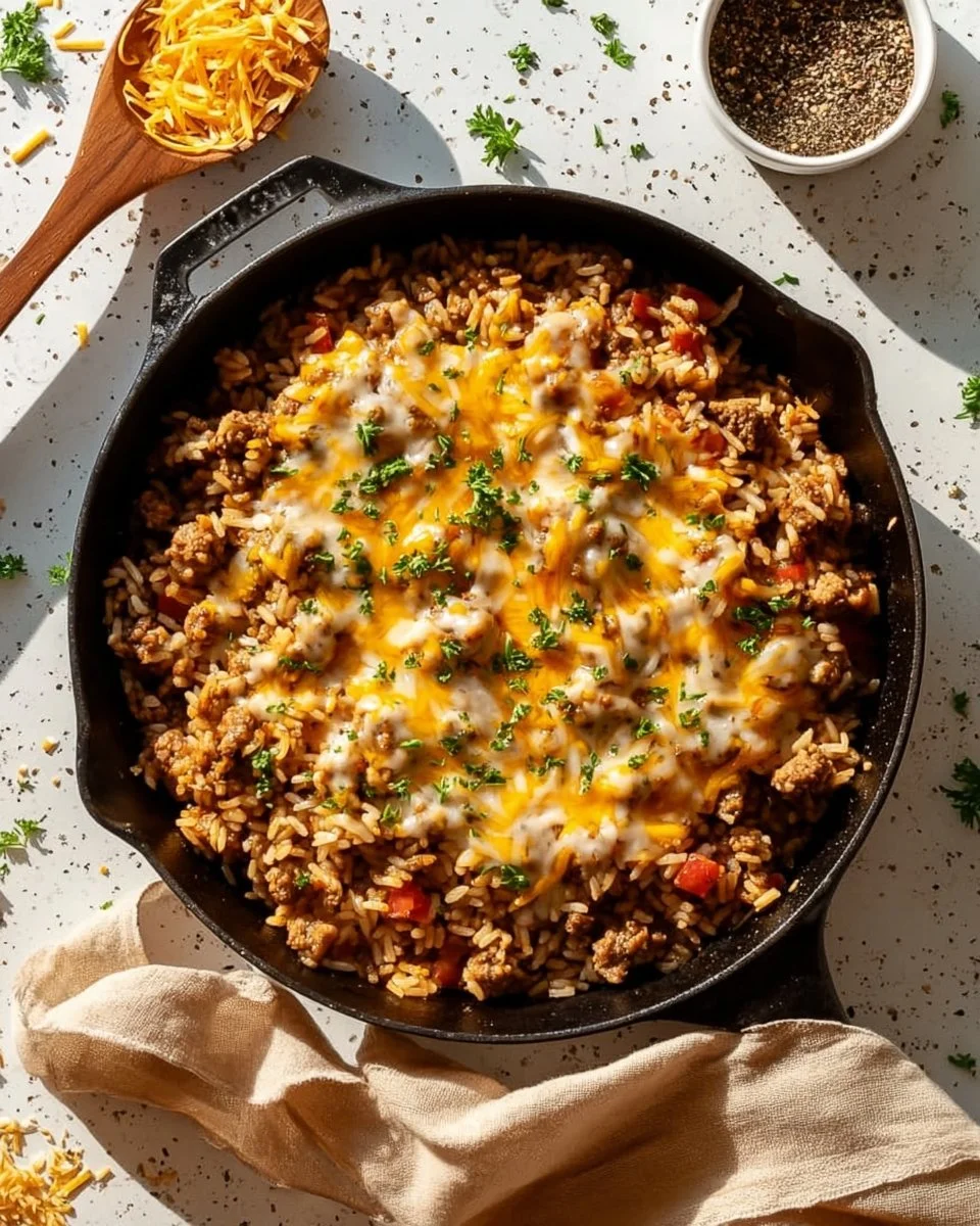 Ground sausage and rice skillet served in a pan with vegetables