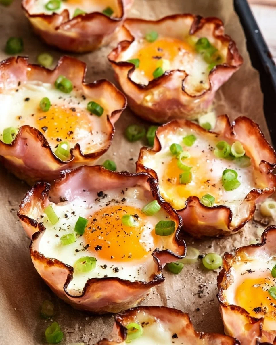 Baked ham and cheese egg cups served on a plate, garnished with herbs.