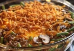Delicious Hamburger Green Bean Casserole served in a baking dish