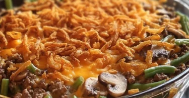 Delicious Hamburger Green Bean Casserole served in a baking dish
