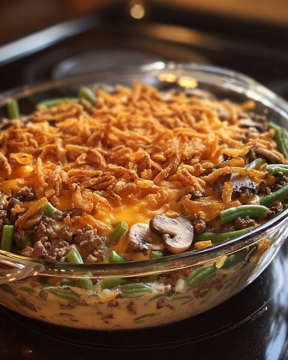Delicious Hamburger Green Bean Casserole served in a baking dish