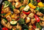 Healthy chicken and vegetables skillet dish cooked in a pan with colorful veggies.