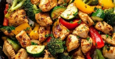 Healthy chicken and vegetables skillet dish cooked in a pan with colorful veggies.