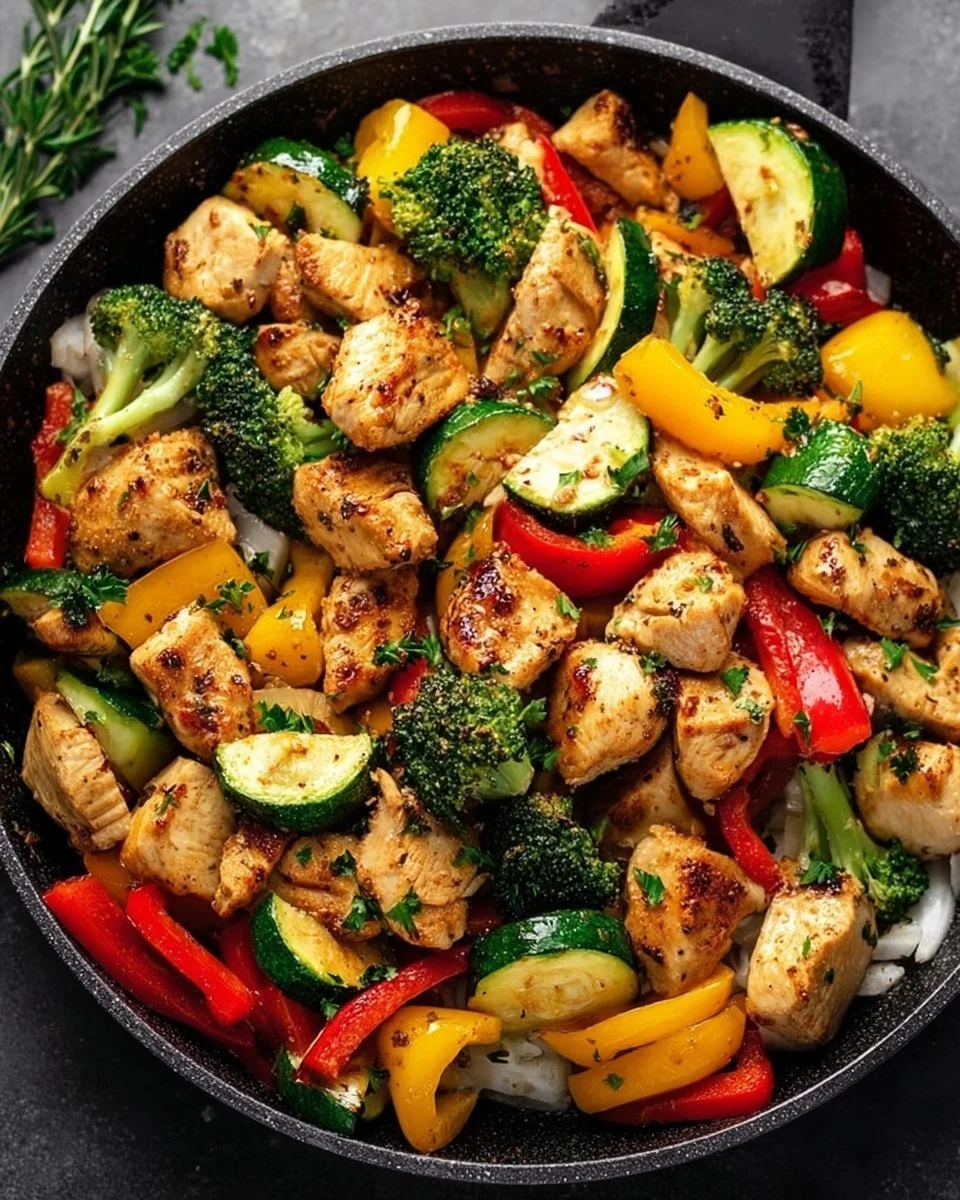 Healthy chicken and vegetables skillet dish cooked in a pan with colorful veggies.
