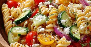 High Protein Greek Pasta Salad with fresh vegetables and feta cheese