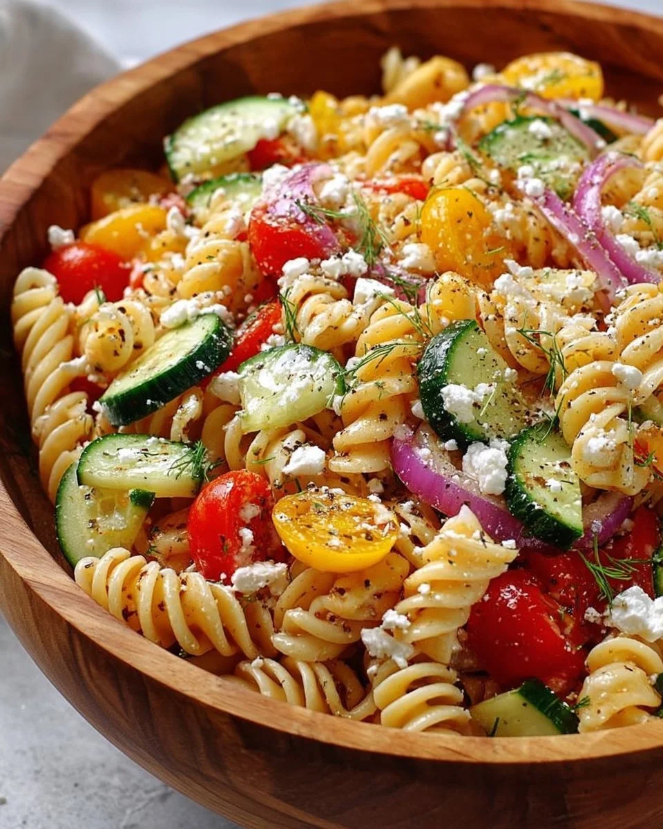 High Protein Greek Pasta Salad with fresh vegetables and feta cheese