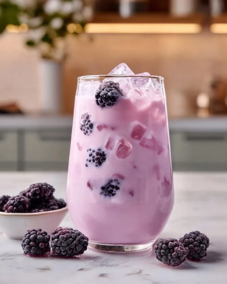Homemade blackberry coconut pink drink served in a glass with berries