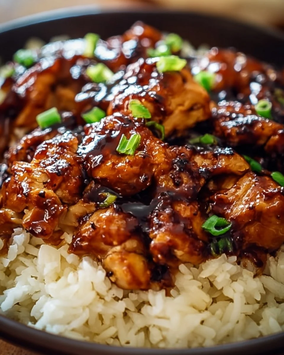 Delicious Honey BBQ Chicken served over rice, garnished with fresh herbs.