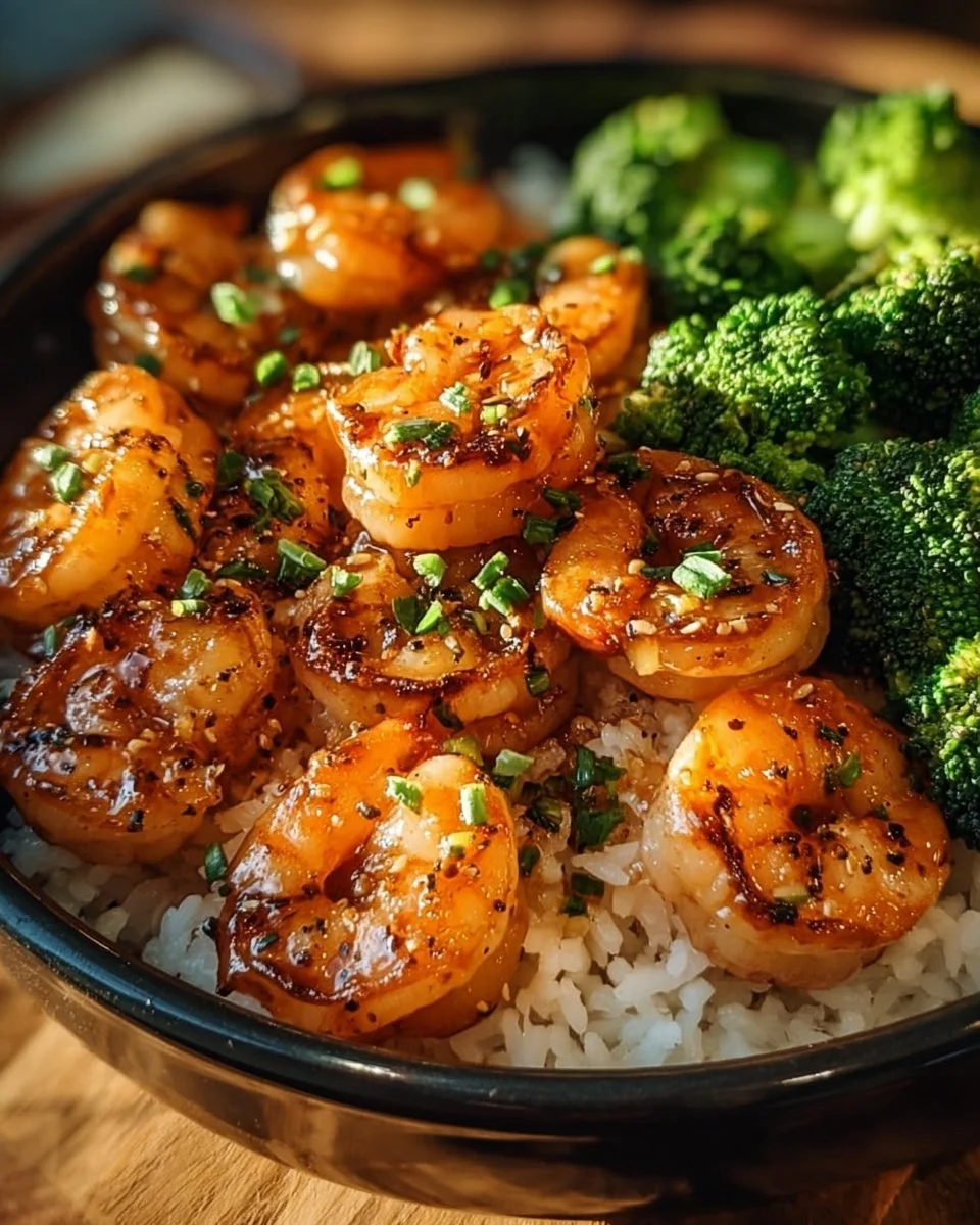 Delicious Honey Garlic Shrimp Bowls with fresh vegetables and rice