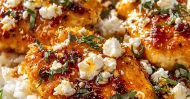 Hot Honey Feta Chicken dish garnished with fresh herbs