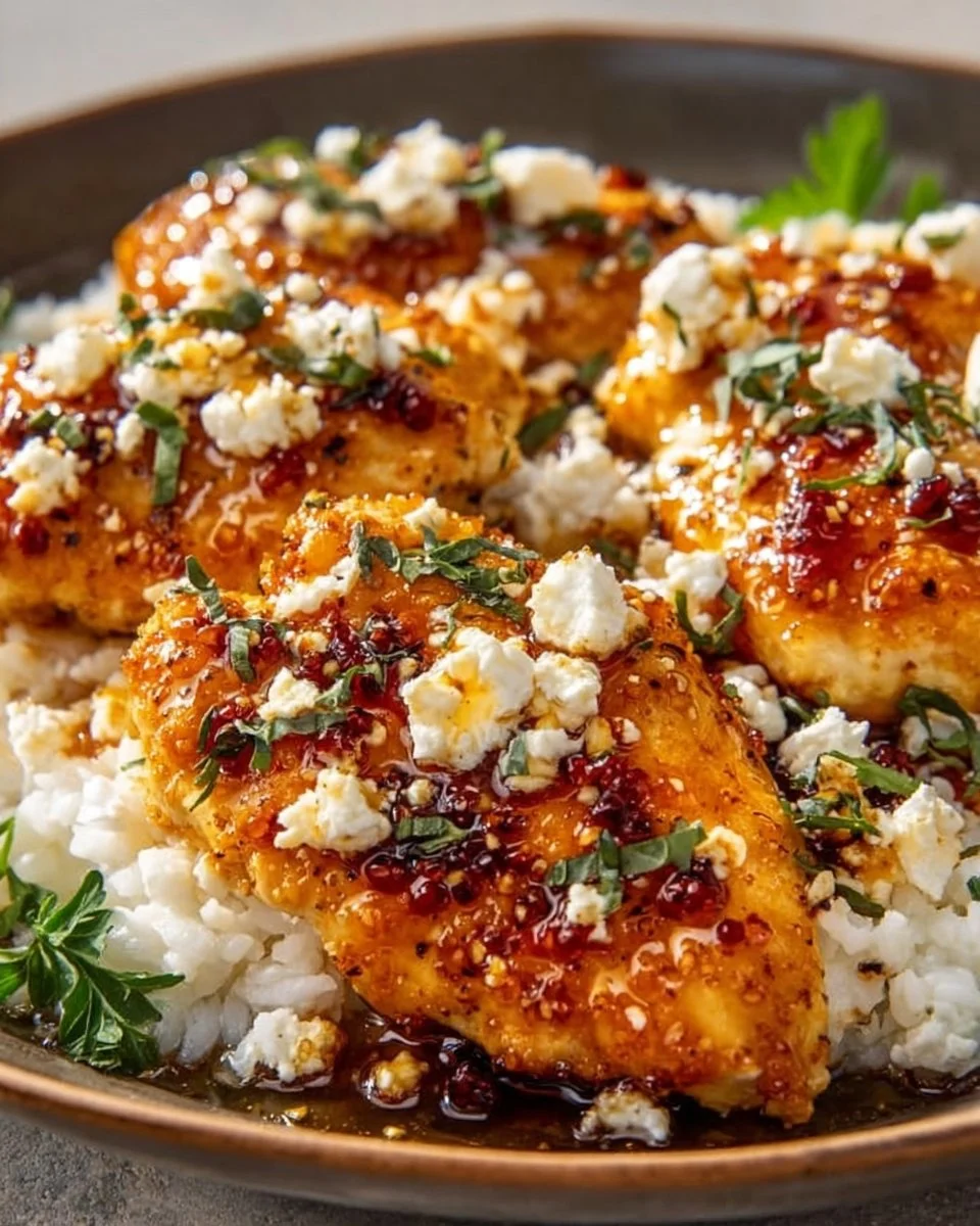 Hot Honey Feta Chicken dish garnished with fresh herbs