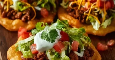 Delicious Indian Fry Bread Tacos topped with fresh ingredients