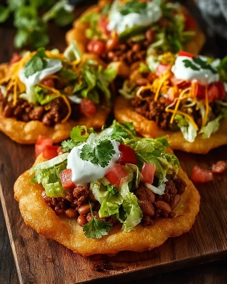 Delicious Indian Fry Bread Tacos topped with fresh ingredients