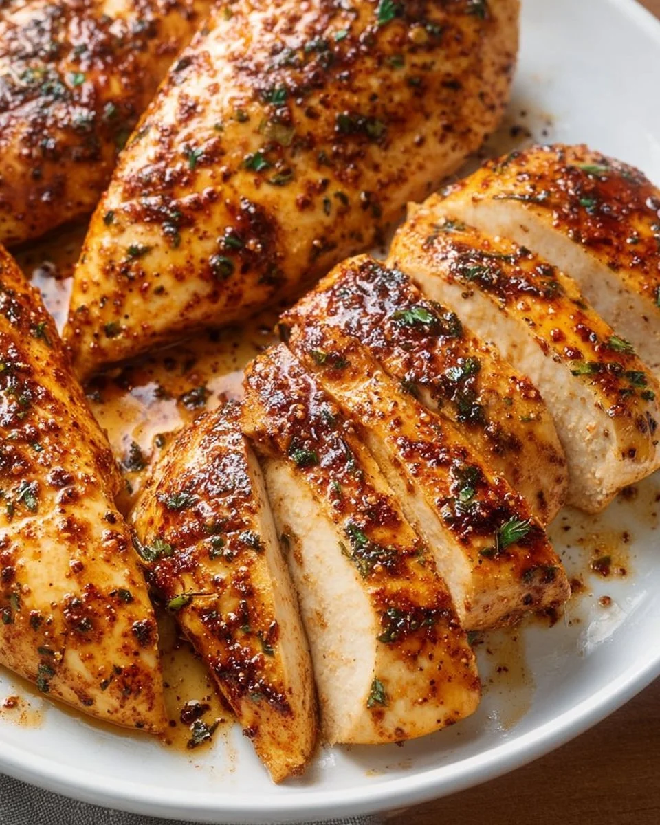 Juicy 30-Minute Baked Chicken Breast served on a plate with herbs