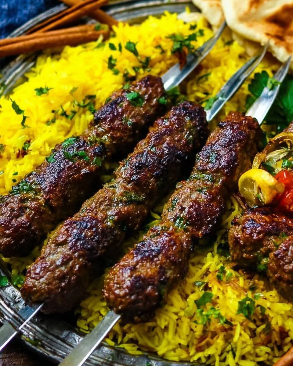 Delicious juicy Middle Eastern kebabs served on a plate with fresh vegetables.
