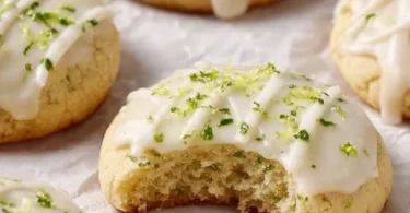 Freshly baked Key Lime Cookies on a cooling rack with vibrant lime slices