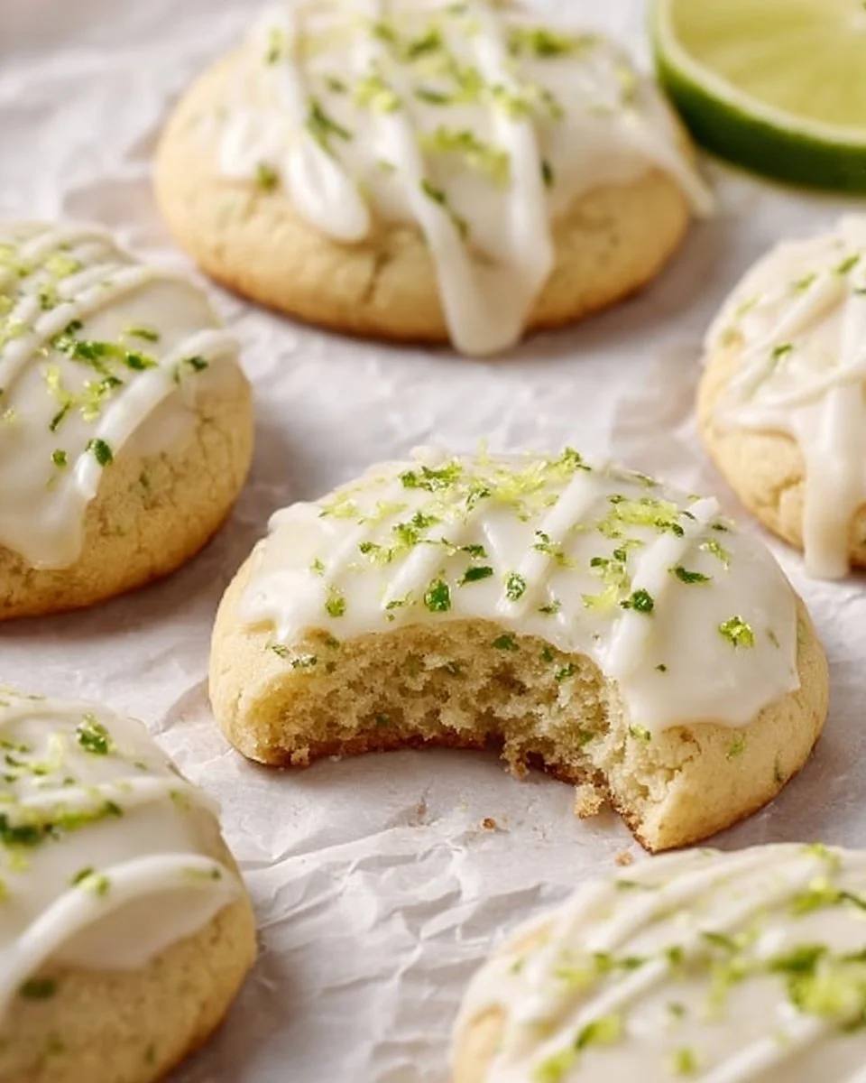 Freshly baked Key Lime Cookies on a cooling rack with vibrant lime slices
