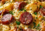 Kielbasa sausage cheesy potato casserole in a baking dish.