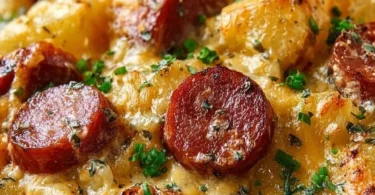 Kielbasa sausage cheesy potato casserole in a baking dish.