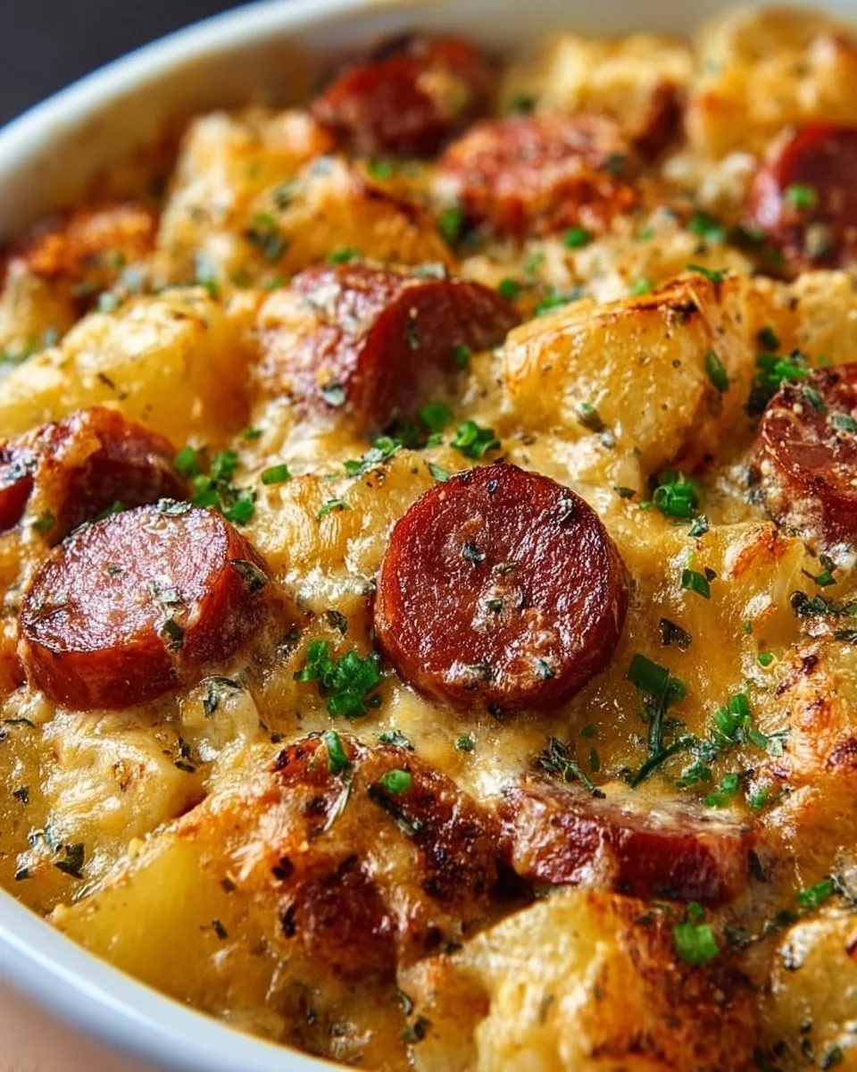 Kielbasa sausage cheesy potato casserole in a baking dish.
