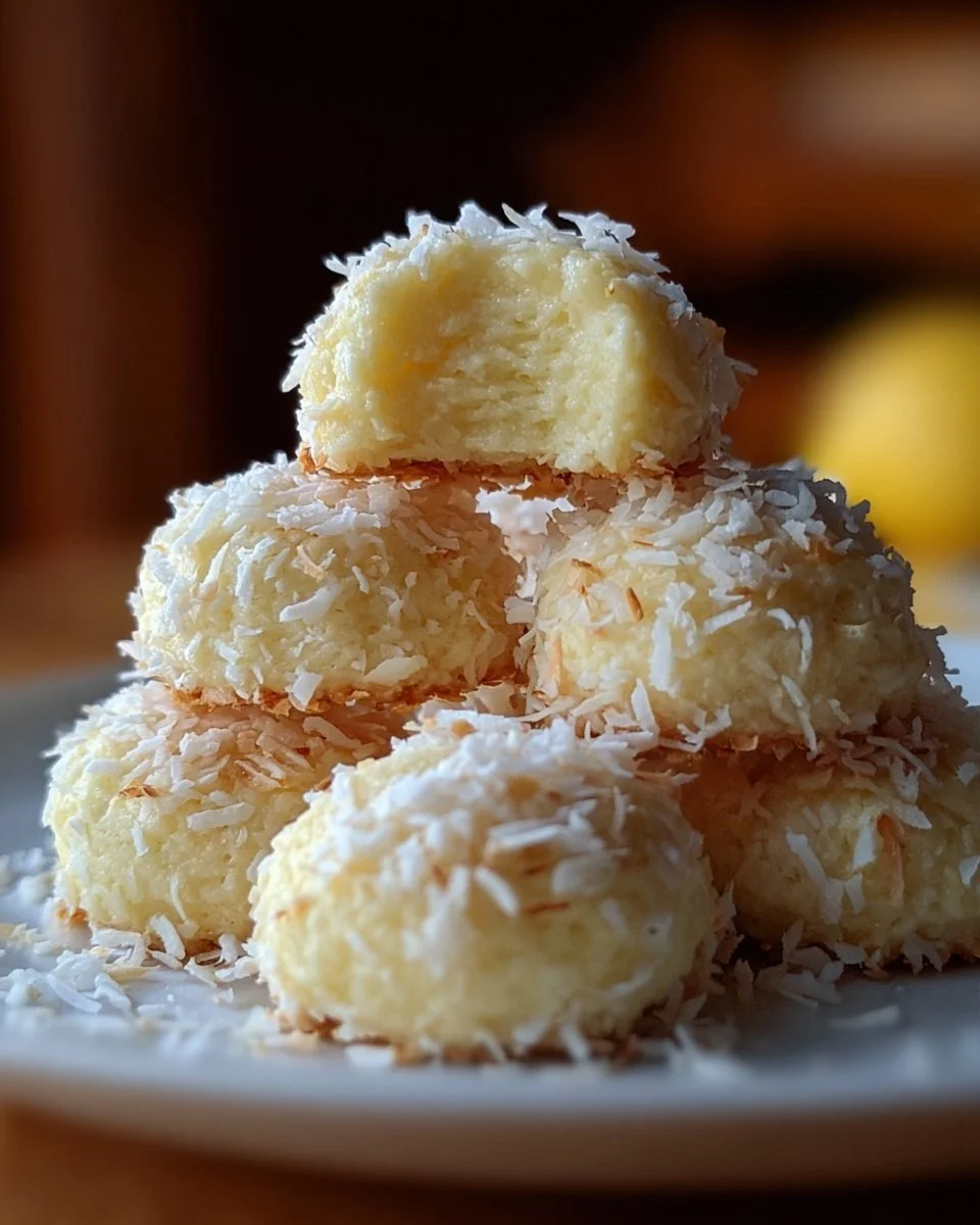 Delicious Lemon Coconut Cheesecake Cookies on a plate, garnished with lemon slices.