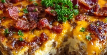 Delicious low-carb bacon cheeseburger casserole topped with cheese and bacon.