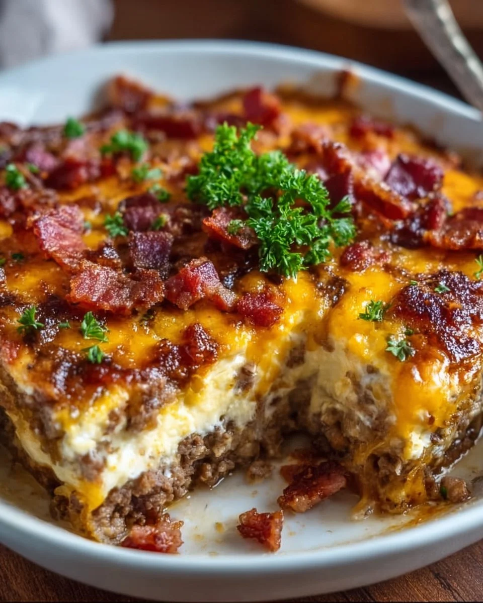 Delicious low-carb bacon cheeseburger casserole topped with cheese and bacon.