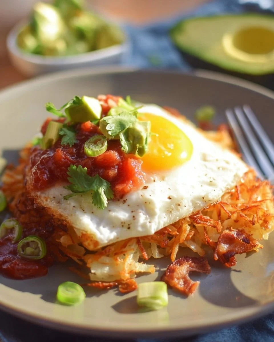 Delicious Mexican Crispy Hashbrown Haystacks served with toppings.