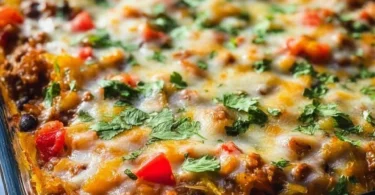 Baked Mexican spaghetti squash casserole topped with cheese and herbs