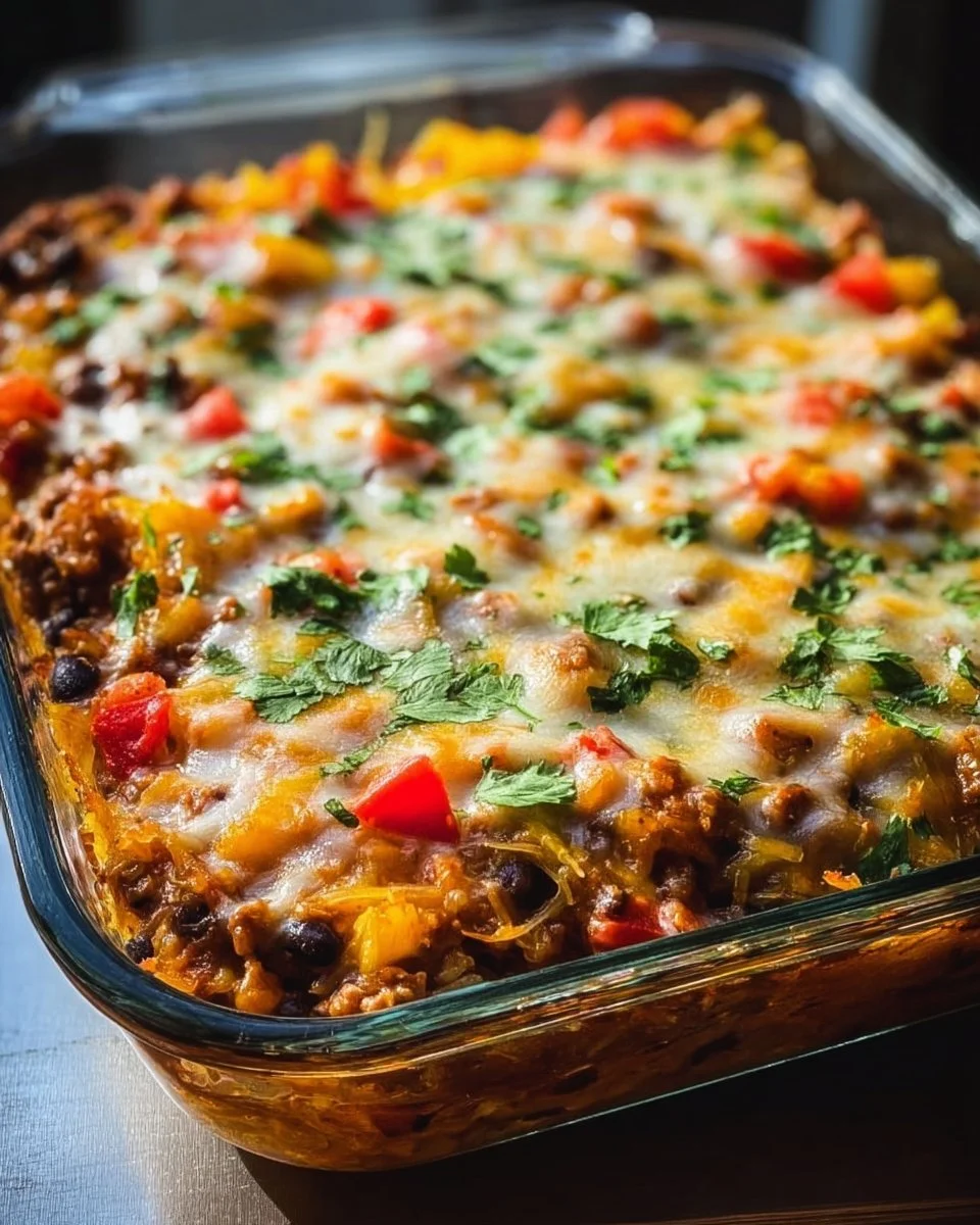 Baked Mexican spaghetti squash casserole topped with cheese and herbs