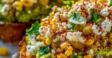 Delicious Mexican street corn avocado toast topped with fresh ingredients.