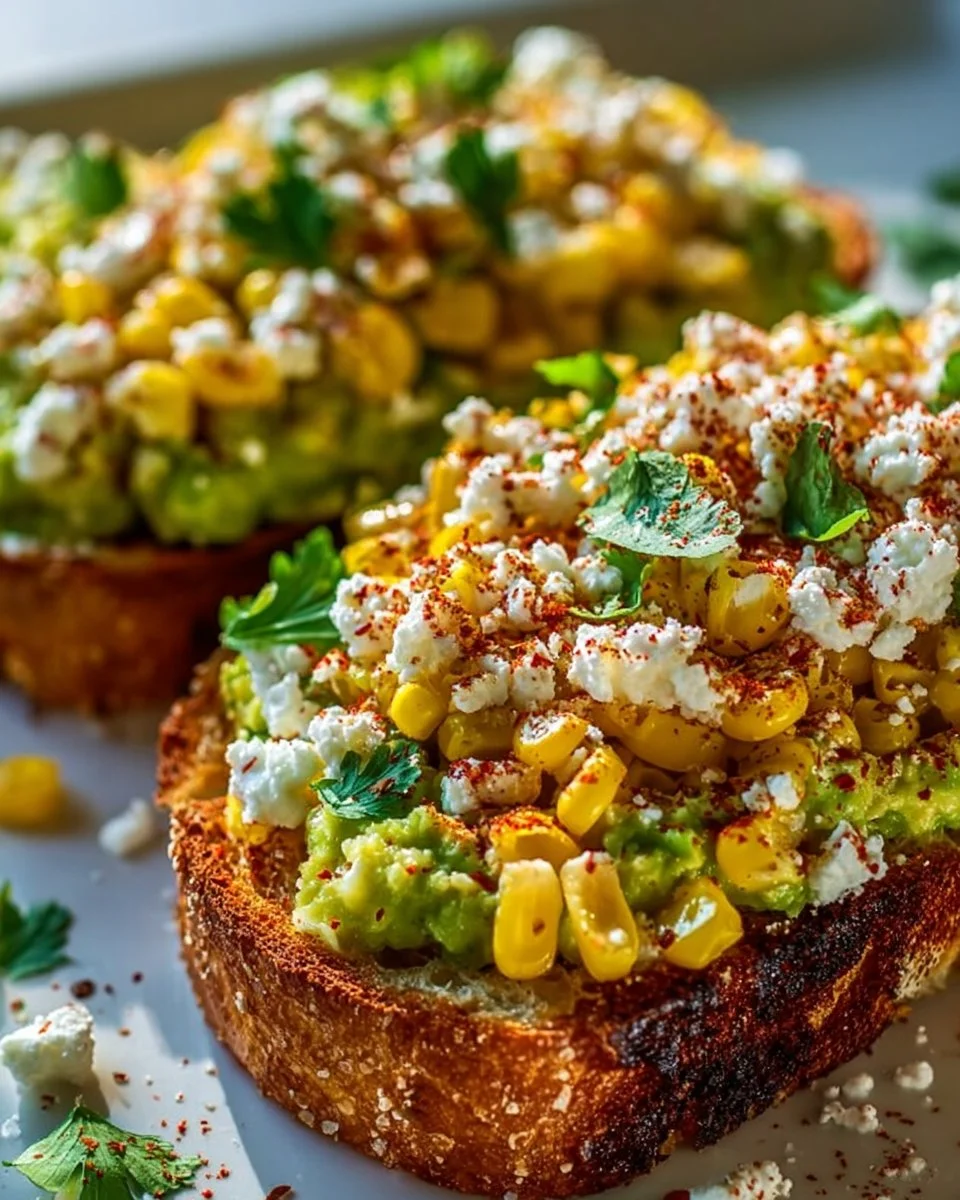 Delicious Mexican street corn avocado toast topped with fresh ingredients.