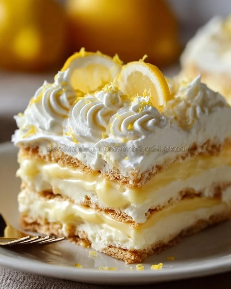 No-Bake Lemon Eclair Cake with lemon frosting and graham crackers